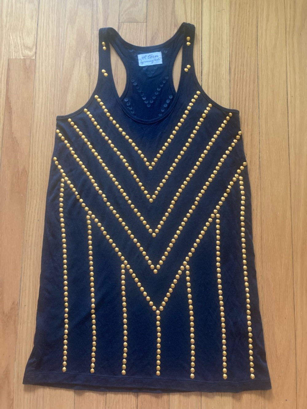 Torn by Ronny Kobo Black Tank with Gold Stud Chevron Detail Rare